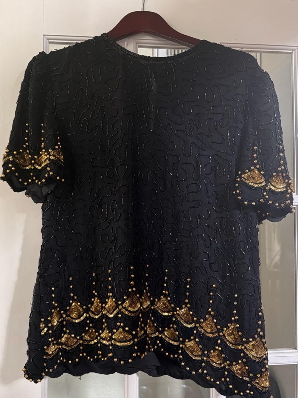 Laurence Kazar Black Short-Sleeve Beaded Blouse with Gold Embellishment